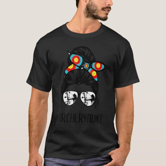 アーチェリー叔母ライフ乱雑なBunヘアメガネ母 Tシャツ (正面)
