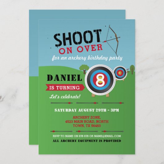 アーチェリー誕生日招待状弓矢ターゲット 招待状 (正面/裏面)