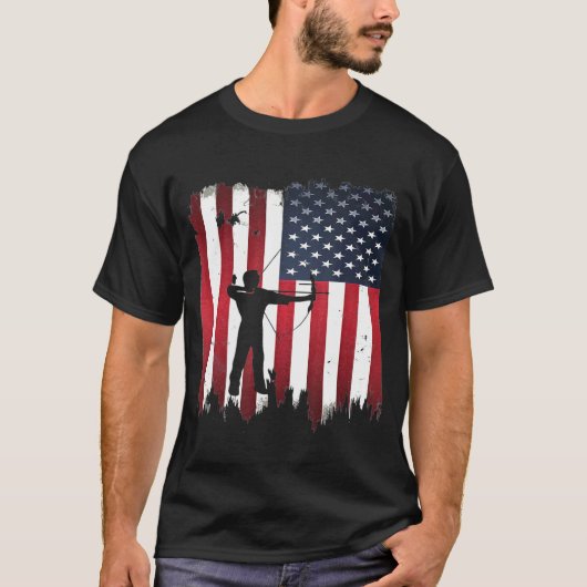 アーチェリー・アメリカ国旗7月4日愛国心のある芸術 Tシャツ (正面)