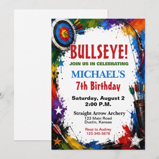 アーチェリー パーティー 誕生日 - 的中 Bullseye Bow and Arrow 招待状 (正面/裏面)