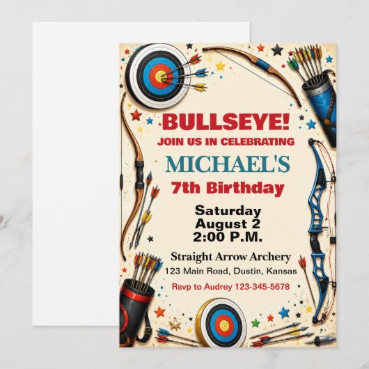 アーチェリー パーティー 誕生日 - 的中 Bullseye Bow and Arrow 招待状 (正面/裏面)