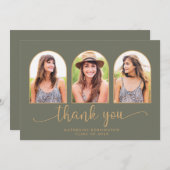 アーチエレガントセージグリーン金ゴールド3写真卒業 サンキューカード (正面/裏面)