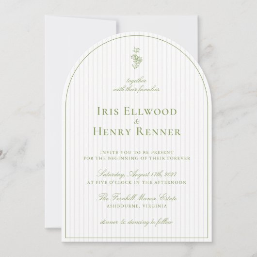 アーチエレガントセージグリーン&ベージュストライプズ結婚 招待状 (正面)