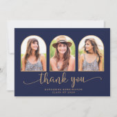 アーチエレガントネイビーブルー金ゴールド3写真卒業 サンキューカード (正面)
