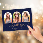 アーチエレガントネイビーブルー金ゴールド3写真卒業 サンキューカード