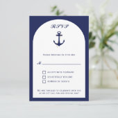 アーチエレガントネイビー&ホワイト航海のウェディングRSVP エンクロージャーカード (スタンド正面)