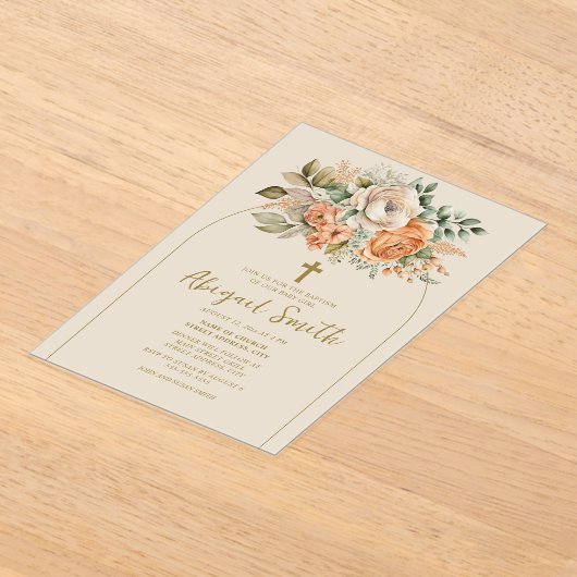 アーチエレガントピーチフローラベビーガールバプテスマ アクリル招待状 (レイダウン)