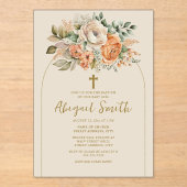 アーチエレガントピーチフローラベビーガールバプテスマ アクリル招待状 (正面)