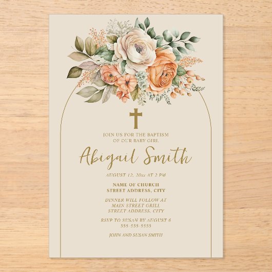 アーチエレガントピーチフローラベビーガールバプテスマ アクリル招待状 (正面)
