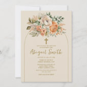 アーチエレガントピーチフローラベビーガールバプテスマ 招待状 (正面)