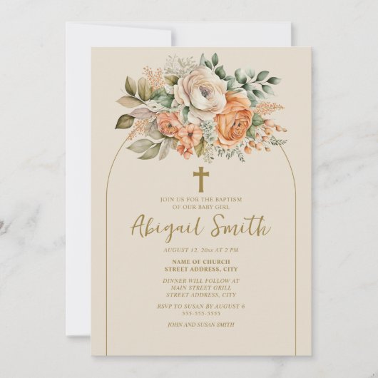 アーチエレガントピーチフローラベビーガールバプテスマ 招待状 (正面)