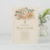 アーチエレガントピーチフローラベビーガールバプテスマ 招待状 (スタンド正面)