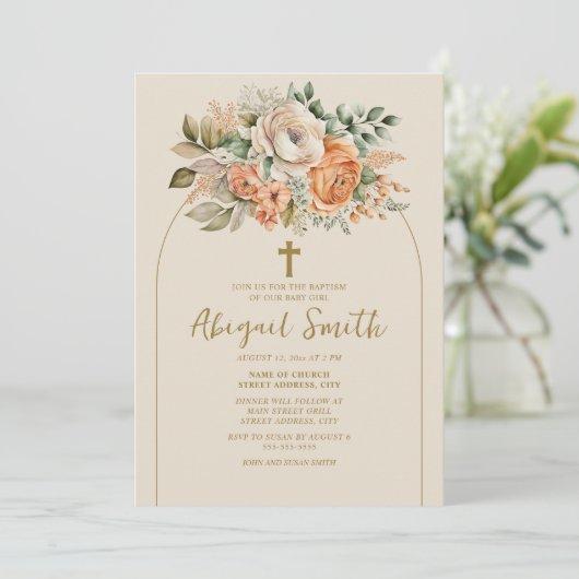 アーチエレガントピーチフローラベビーガールバプテスマ 招待状 (スタンド正面)
