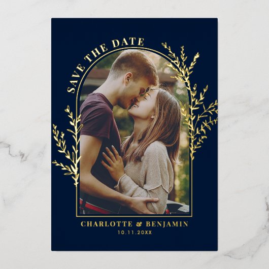 アーチエレガントフォトウェディング日付ゴールドフォイルを保存 箔招待状 (正面)