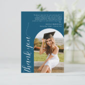 アーチエレガントフォトスクリプト卒業ティール（緑がかった色）ブルー サンキューカード (スタンド正面)