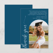 アーチエレガントフォトスクリプト卒業ティール（緑がかった色）ブルー サンキューカード (正面/裏面)