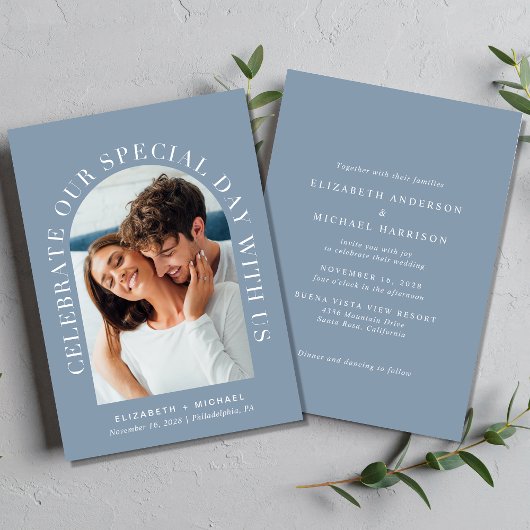 アーチエレガントフォトダスティブルー結婚ズ 招待状