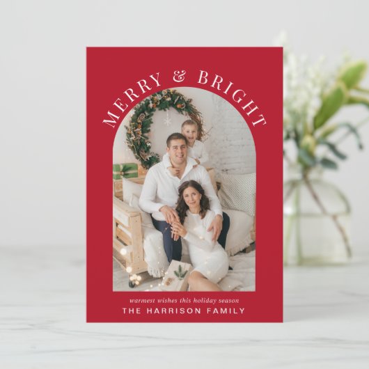 アーチエレガントフォト明るい赤メリーのクリスマス シーズンカード (スタンド正面)