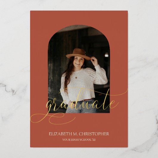 アーチエレガントフレーム5フォトコラージュ卒業実在 箔招待状 (正面)