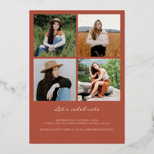 アーチエレガントフレーム5フォトコラージュ卒業実在 箔招待状 (裏面)