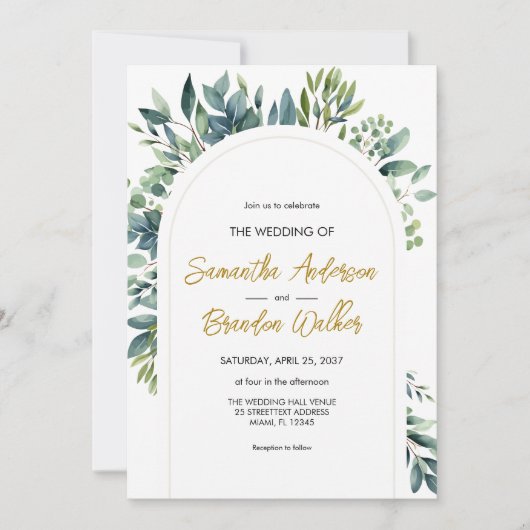 アーチエレガントー緑のフローラの結婚葉 招待状 (正面)