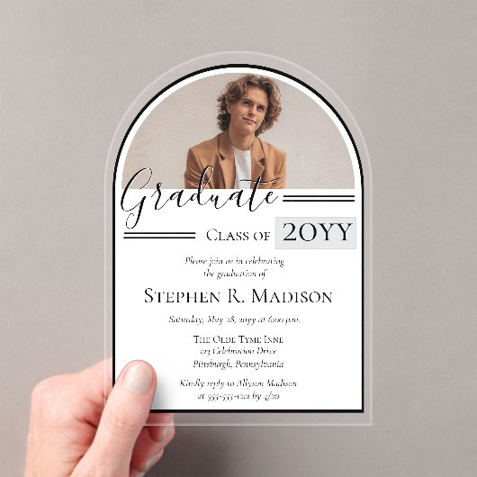 アーチエレガント型写真卒業パーティー アクリル招待状 (インサイチュ (ポータブル))