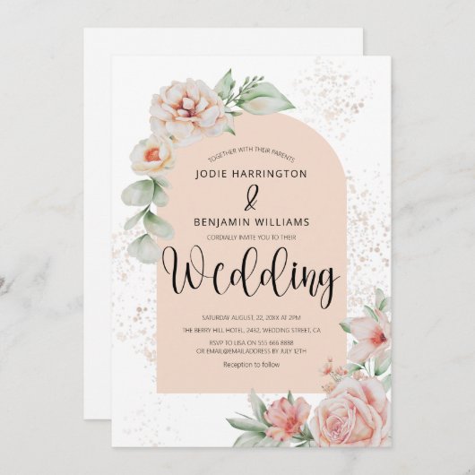 アーチエレガント型 |春ピーチフローラ結婚ズ 招待状 (正面/裏面)