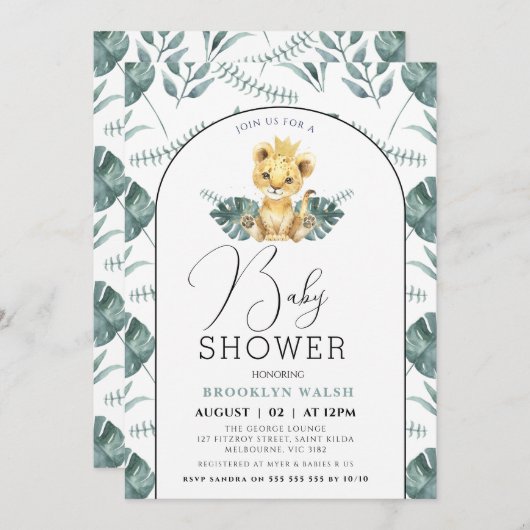アーチグリーンの葉ライオンの赤ちゃんシャワー 招待状 (正面/裏面)