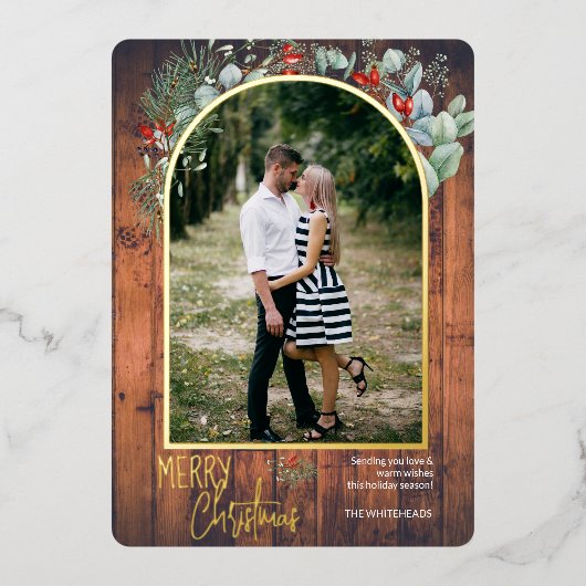 アーチグリーンリーメリークリスマスフォトさくらんぼウッド 箔シーズンカード (正面)