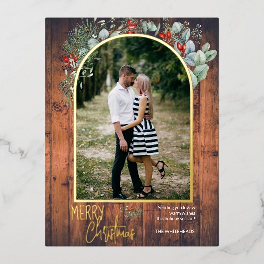 アーチグリーンリーメリークリスマスフォトさくらんぼウッド 箔シーズンポストカード (正面)