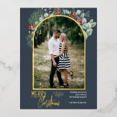 アーチグリーンリーメリークリスマスフォトダスティブルー 箔シーズンポストカード (正面)