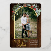 アーチグリーンリーメリークリスマスフォトダークウッド 箔シーズンカード (正面)