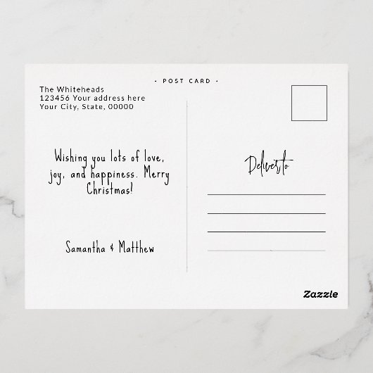 アーチグリーンリーメリークリスマスフォトダークウッド 箔シーズンポストカード (裏面)