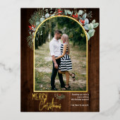 アーチグリーンリーメリークリスマスフォトダークウッド 箔シーズンポストカード (正面)