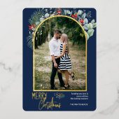 アーチグリーンリーメリークリスマスフォトネイビーブルー 箔シーズンカード (正面)