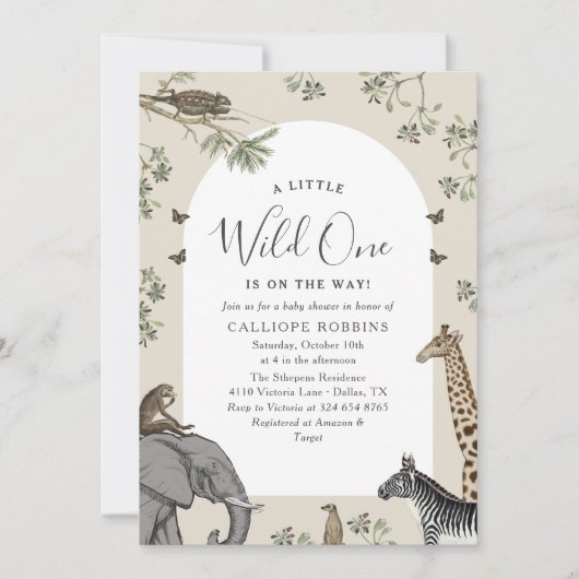 アーチサファリエレガントー動物ヴィンテージベビーシャワー 招待状 (正面)