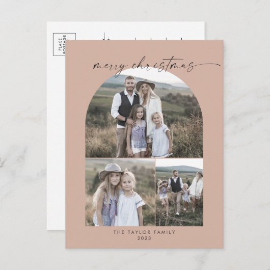 アーチサーモンモダンフォトコラージファミリークリスマス シーズンポストカード (正面/裏面)