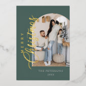 アーチシェイプモダンフォトセージ緑のクリスマス金ゴールド 箔シーズンカード (正面)