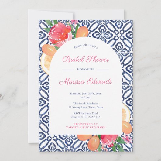 アーチシッはっきりしたツフローラブルータイルウェディングシャワー 招待状 (正面)