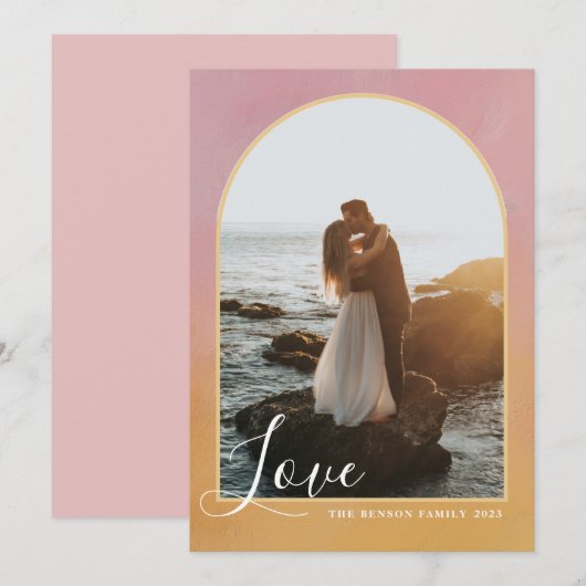 アーチスクリプトラブペイントピンクゴールドバーティカル シーズンカード (正面/裏面)