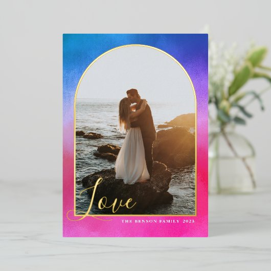 アーチスクリプトラブペイントピンクブルー垂直リアル 箔シーズンカード (立ち正面)