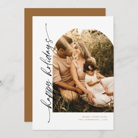 アーチスクリプモダント休日のフォトカード 招待状 (正面/裏面)