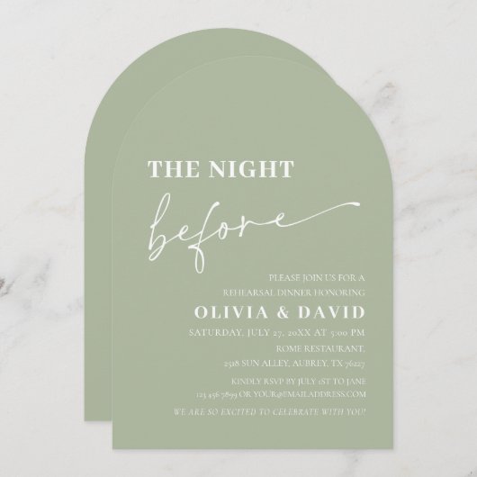 アーチセージ緑リハーサルディナーの前の夜 招待状 (正面/裏面)