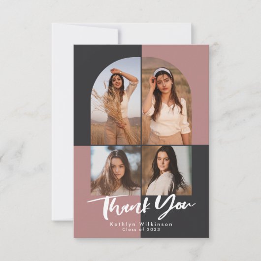 アーチテラモダンコッタピンクグレー写真卒業 サンキューカード (正面)