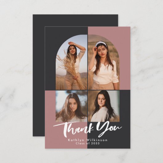 アーチテラモダンコッタピンクグレー写真卒業 サンキューカード (正面/裏面)