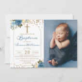 アーチデュスキーブルーフローラ金ゴールドグリッターバプティスフォト 招待状 (正面)