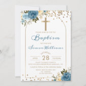 アーチデュスキーブルーフローラ金ゴールドグリッターバプティズム 招待状 (正面)