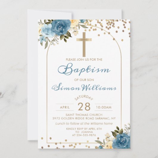 アーチデュスキーブルーフローラ金ゴールドグリッターバプティズム 招待状 (正面)