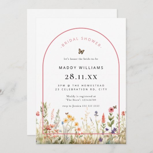 アーチバタフライワイルドフラワーブライダルシャワー 招待状 (正面/裏面)