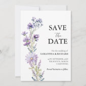 アーチパープルワイルドフラワーウェディング日付を保存 招待状 (裏面)